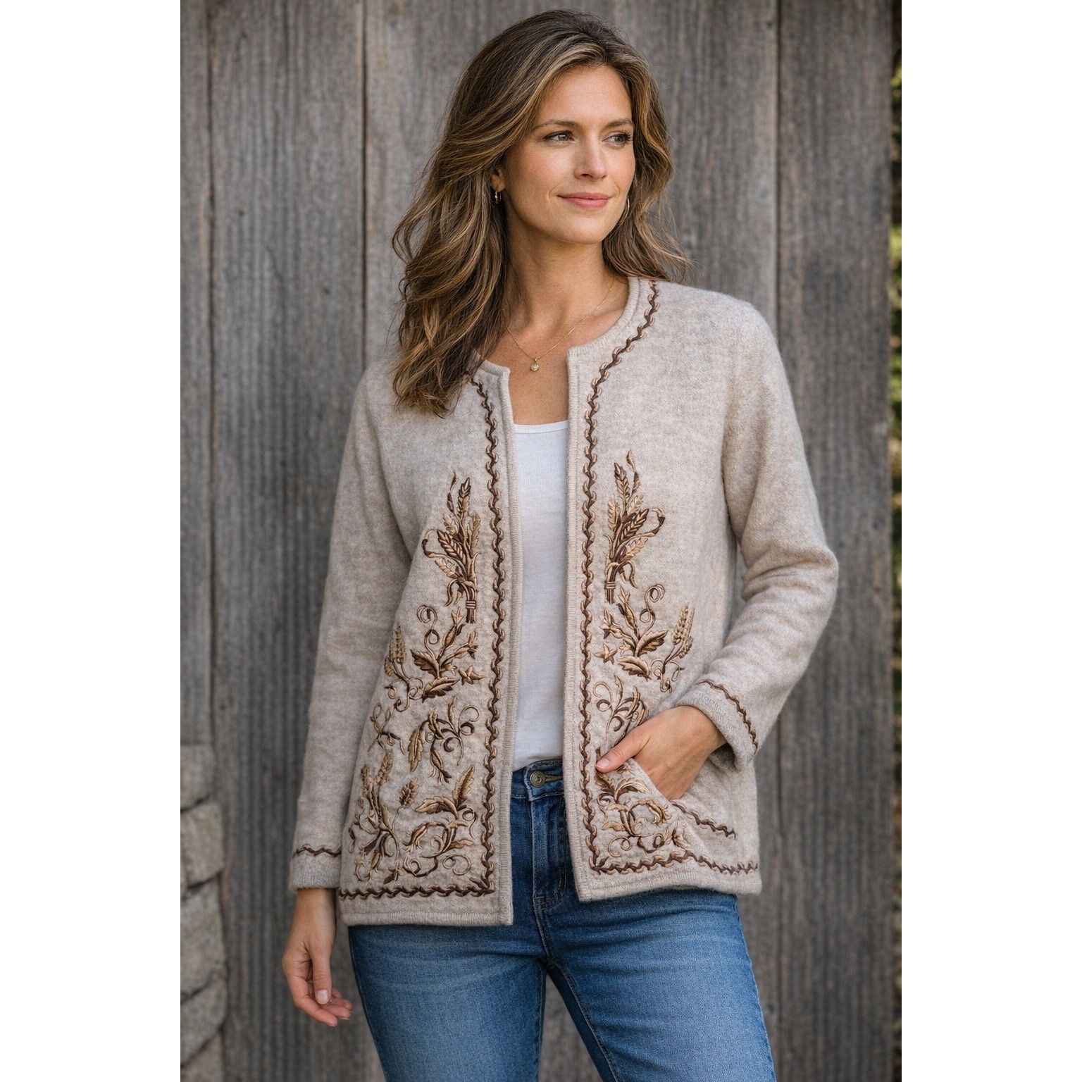 Vintage Wool Embroidered Cardigan Womens S Beige Floral Boho Cottagecore